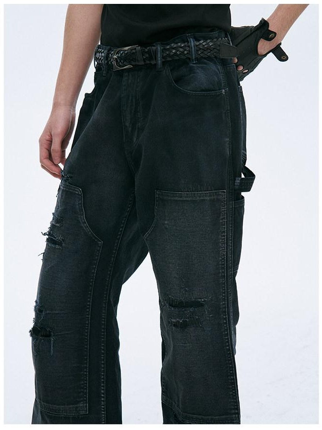 CATSSTAC Relaxed Mid Rise Black Trendy Wide Straight Zip Fly No Stretch Straight Pants