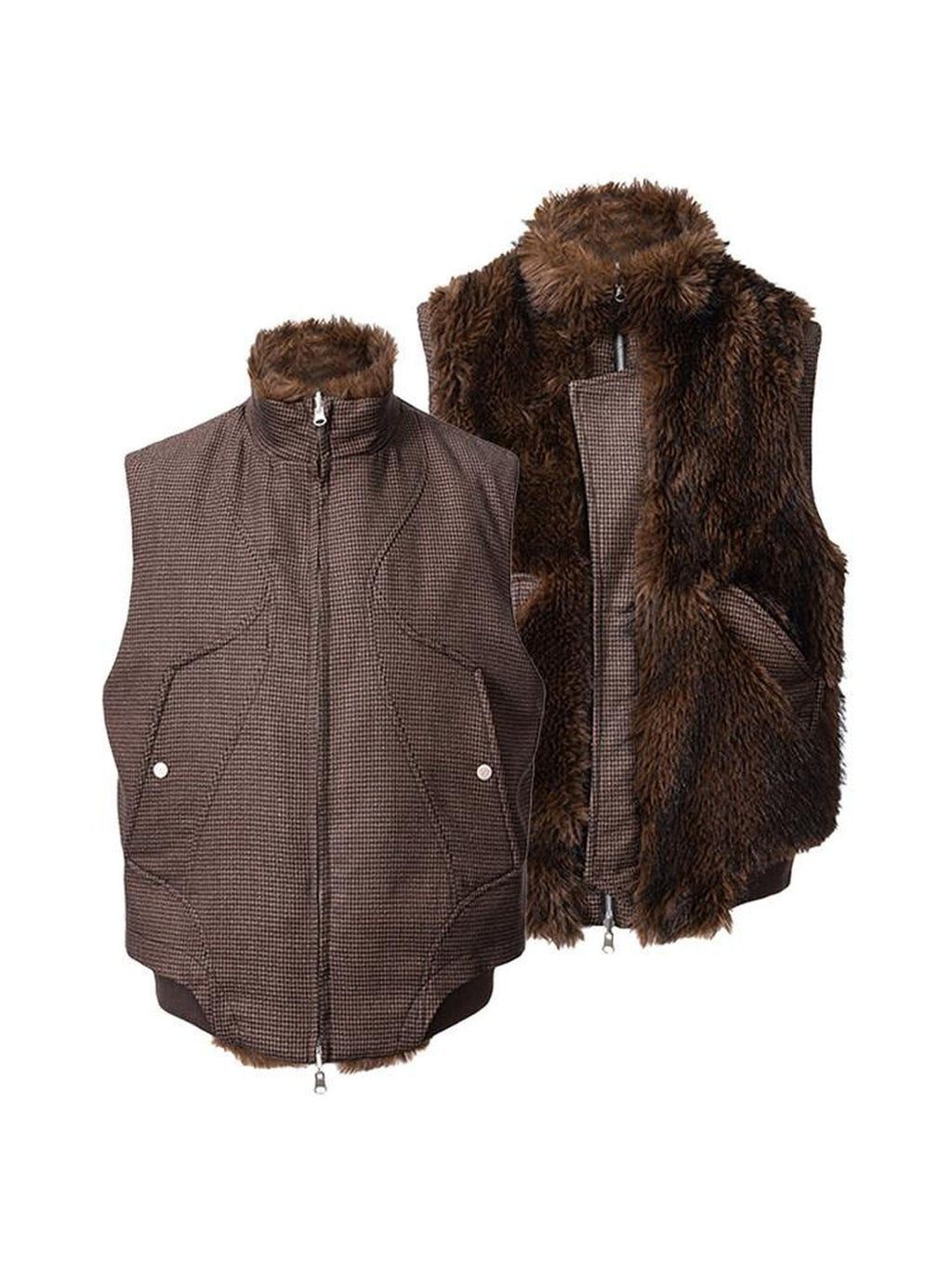 CATSSTAC Reversible Loose Fit Stand Collar Zip Front Unisex Brown Casual Vests