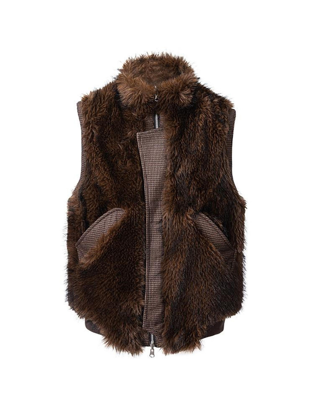 CATSSTAC Reversible Loose Fit Stand Collar Zip Front Unisex Brown Casual Vests