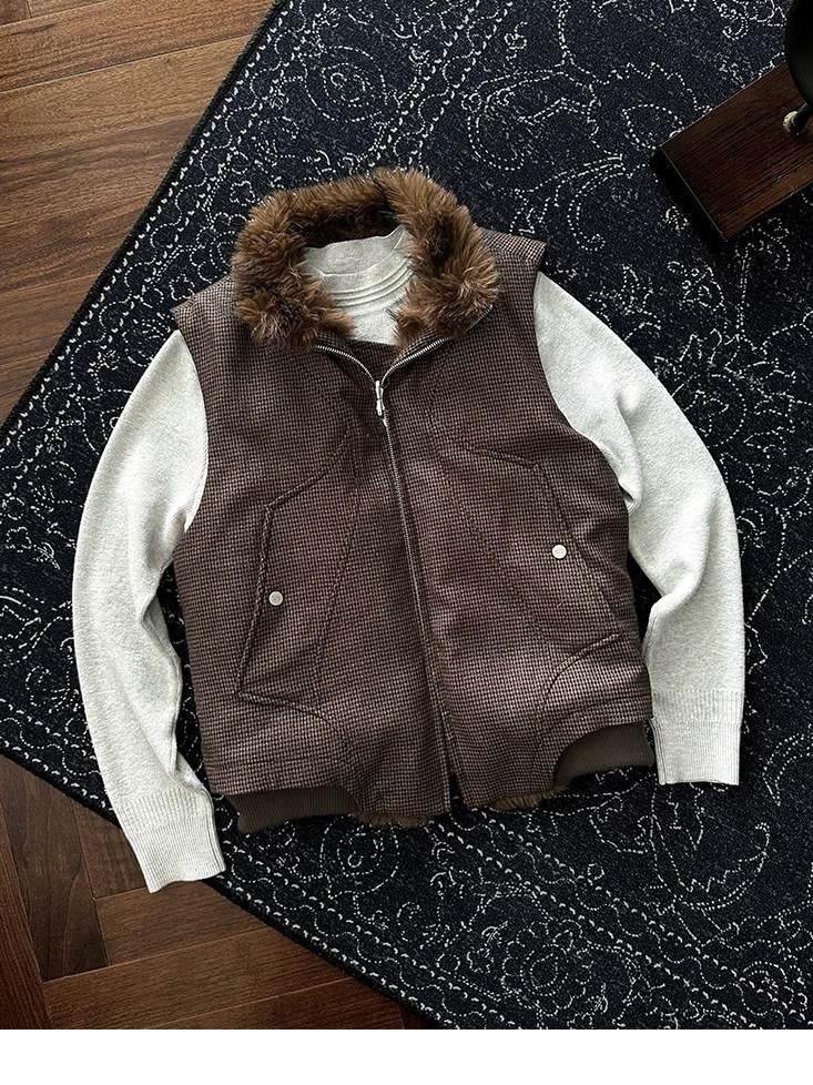 CATSSTAC Reversible Loose Fit Stand Collar Zip Front Unisex Brown Casual Vests