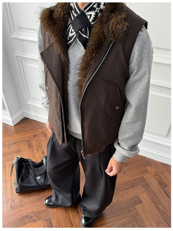 CATSSTAC Reversible Loose Fit Stand Collar Zip Front Unisex Brown Casual Vests