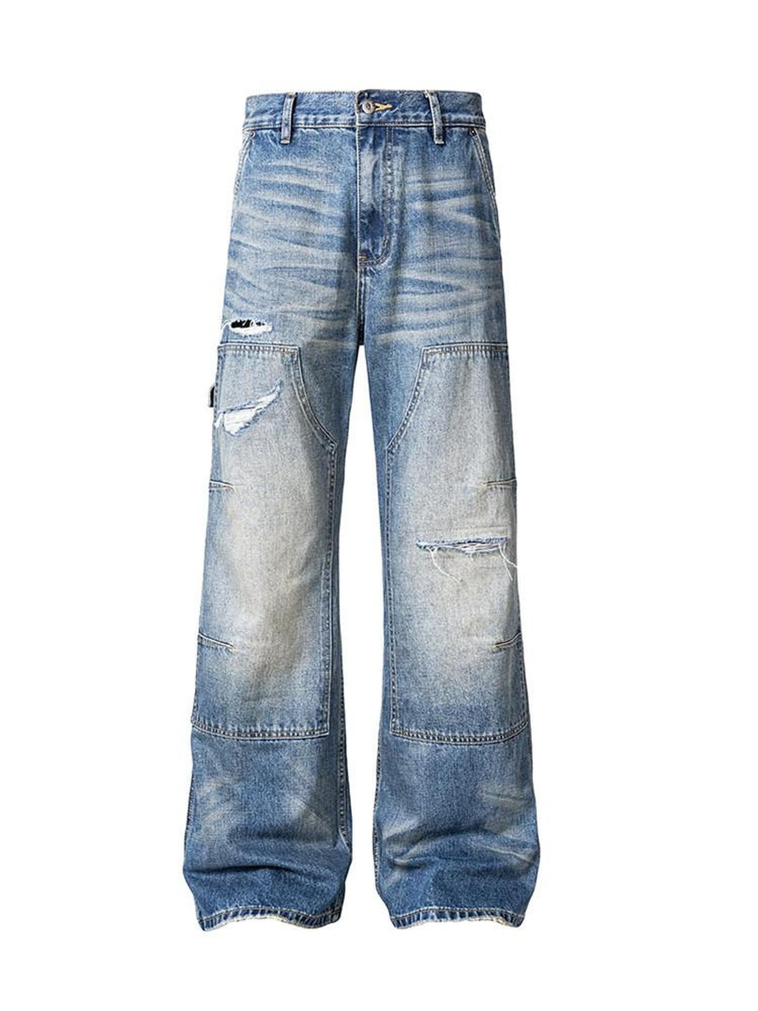 CATSSTAC Ripped Washed Mid Rise Casual Blue Youth Zipper Fly Denim Straight Leg Jeans