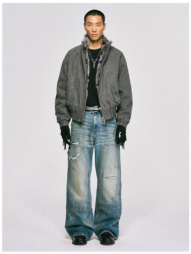 CATSSTAC Ripped Washed Mid Rise Casual Blue Youth Zipper Fly Denim Straight Leg Jeans