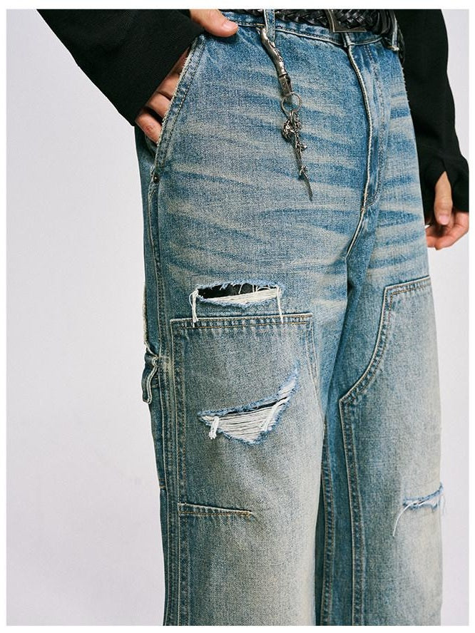 CATSSTAC Ripped Washed Mid Rise Casual Blue Youth Zipper Fly Denim Straight Leg Jeans