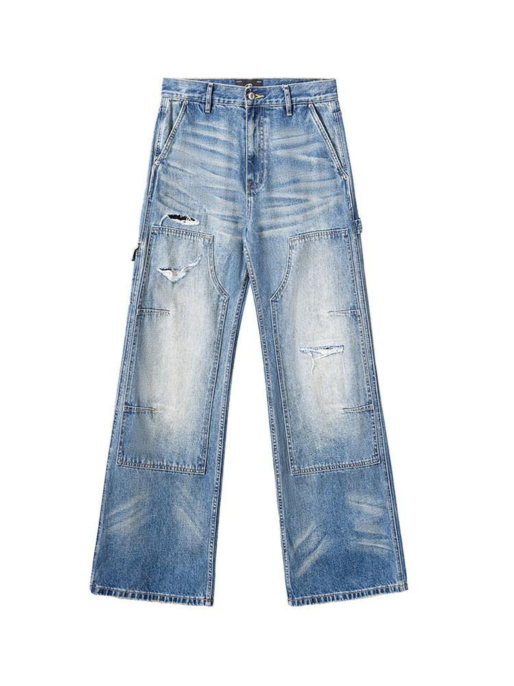 CATSSTAC Ripped Washed Mid Rise Casual Blue Youth Zipper Fly Denim Straight Leg Jeans