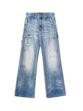 CATSSTAC Ripped Washed Mid Rise Casual Blue Youth Zipper Fly Denim Straight Leg Jeans