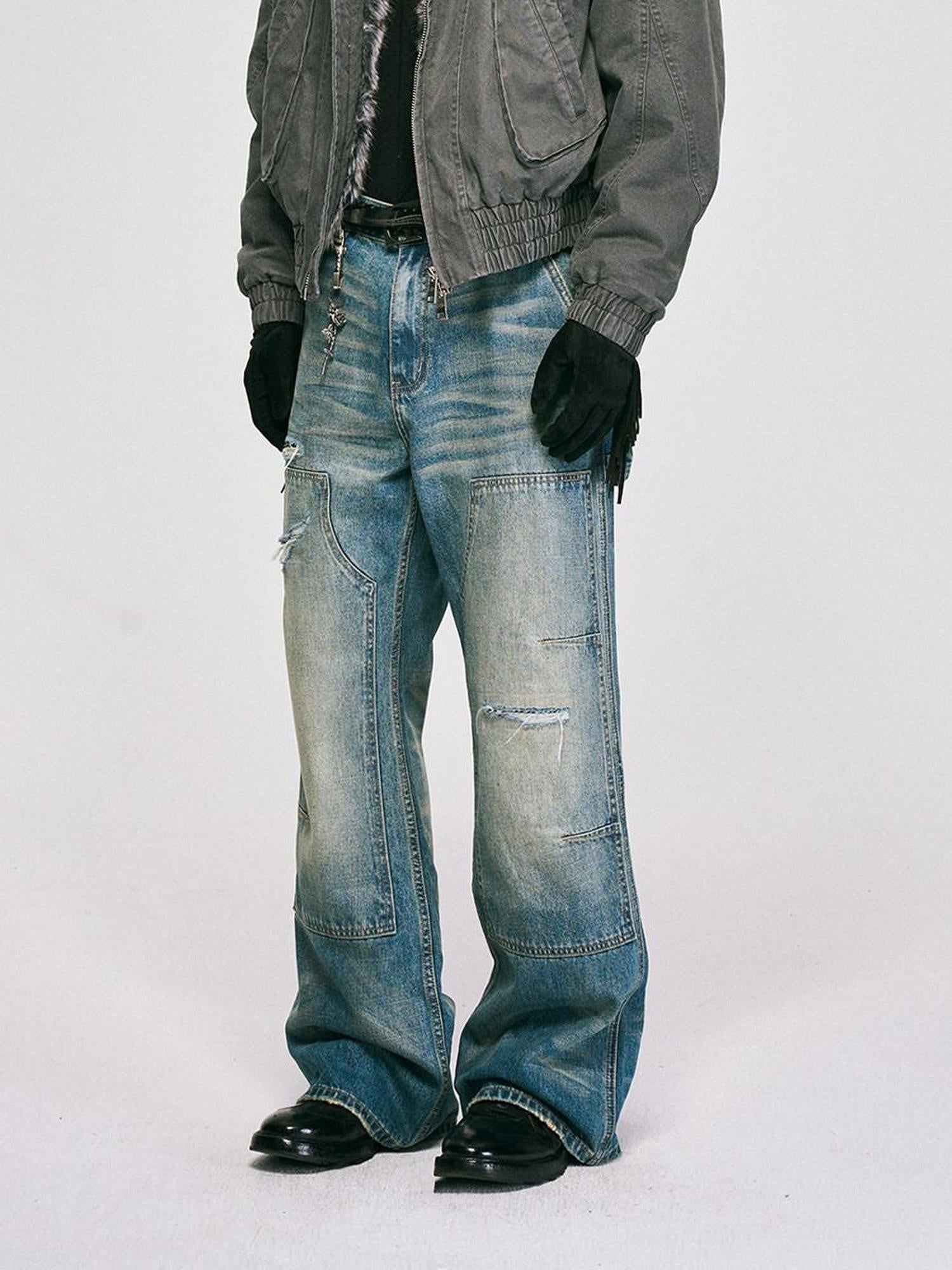 CATSSTAC Ripped Washed Mid Rise Casual Blue Youth Zipper Fly Denim Straight Leg Jeans