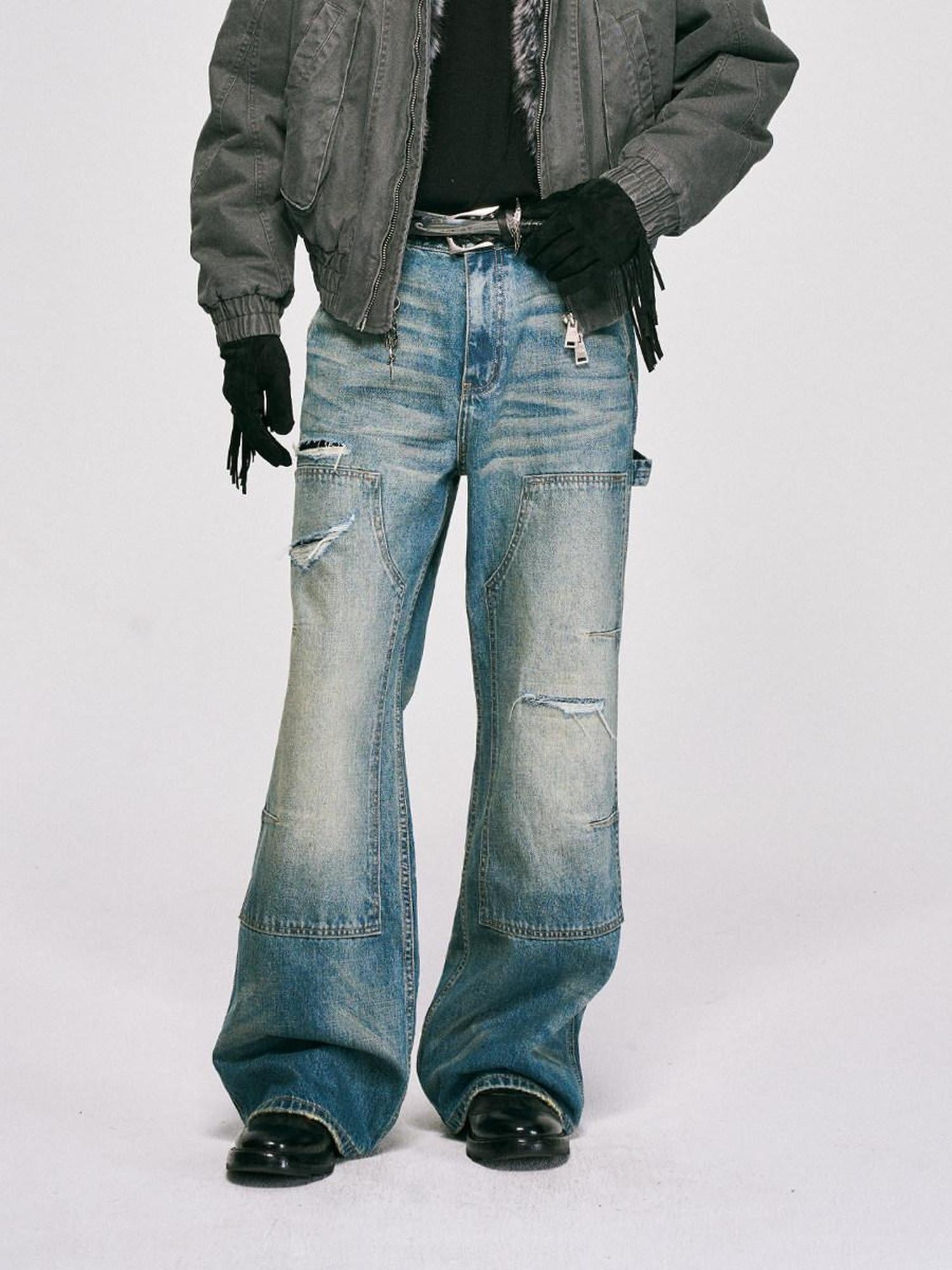 CATSSTAC Ripped Washed Mid Rise Casual Blue Youth Zipper Fly Denim Straight Leg Jeans