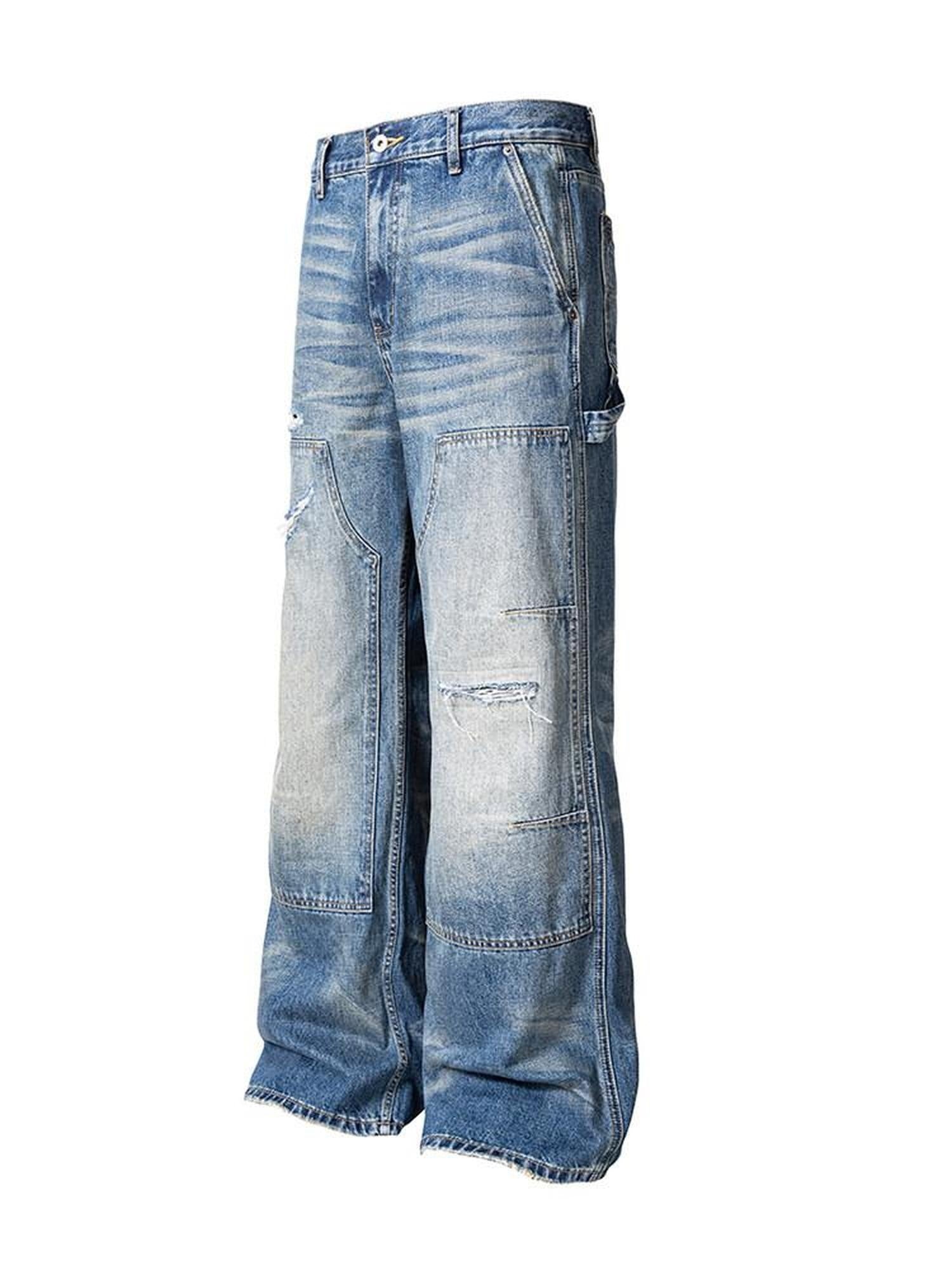 CATSSTAC Ripped Washed Mid Rise Casual Blue Youth Zipper Fly Denim Straight Leg Jeans