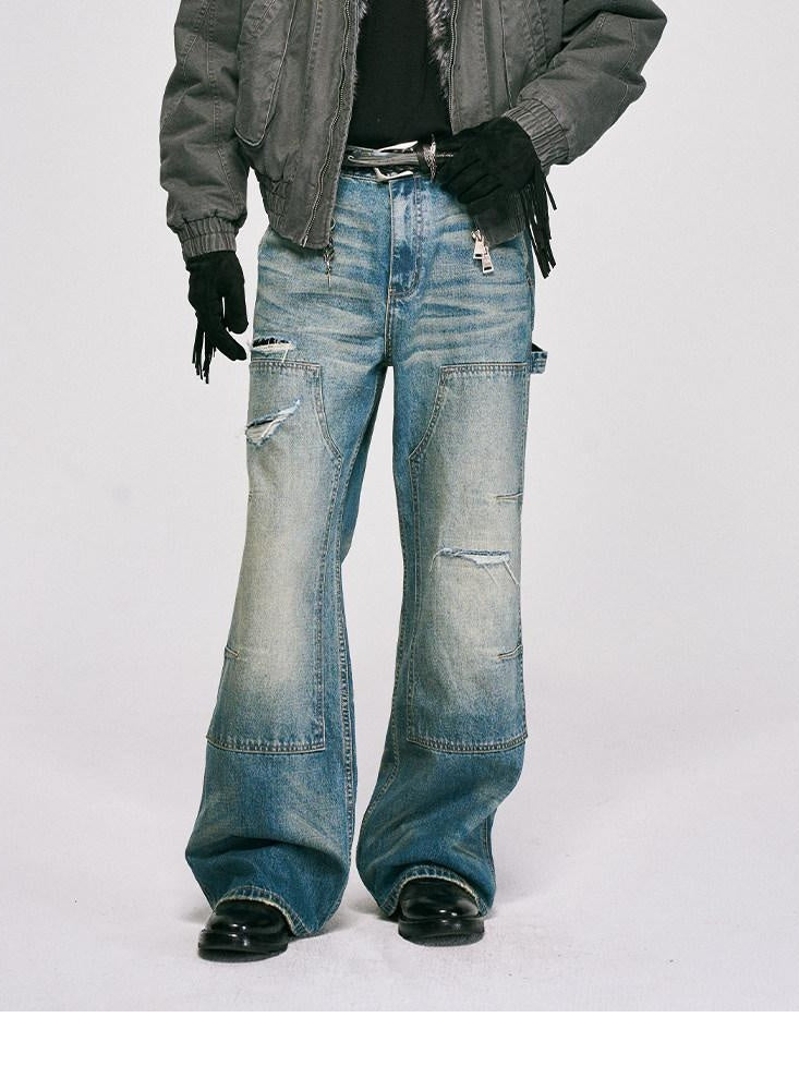 CATSSTAC Ripped Washed Mid Rise Casual Blue Youth Zipper Fly Denim Straight Leg Jeans