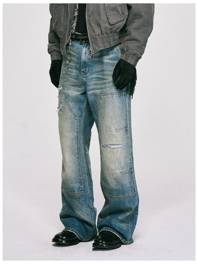 CATSSTAC Ripped Washed Mid Rise Casual Blue Youth Zipper Fly Denim Straight Leg Jeans