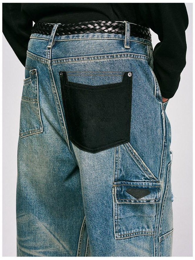 CATSSTAC Ripped Washed Mid Rise Casual Blue Youth Zipper Fly Denim Straight Leg Jeans