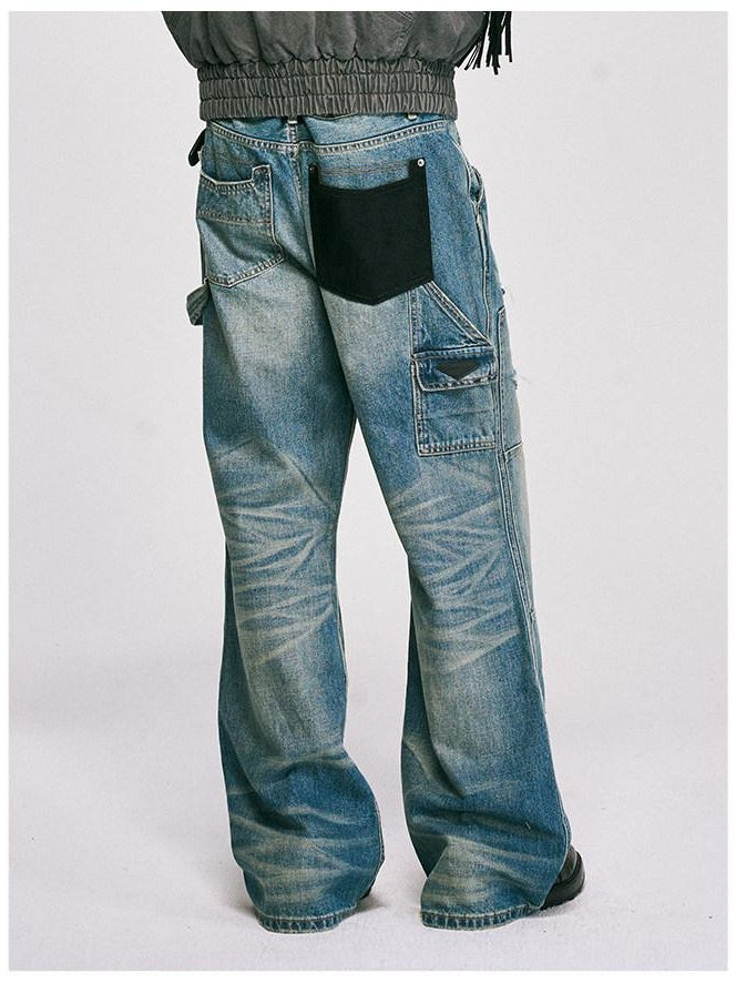 CATSSTAC Ripped Washed Mid Rise Casual Blue Youth Zipper Fly Denim Straight Leg Jeans
