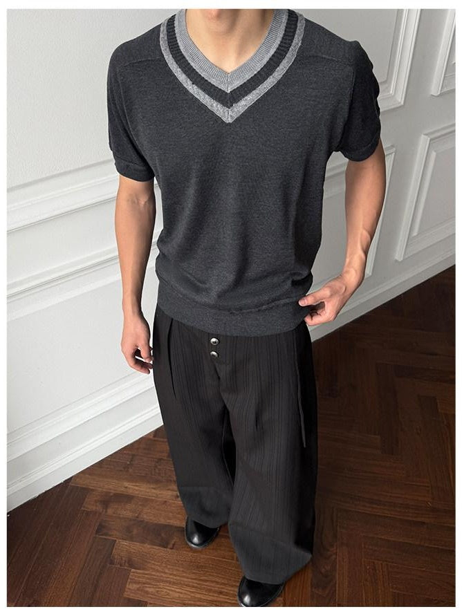 Silk Finish Loose V-neck Unisex Casual Blue Black Gray Short Sleeve T-Shirts