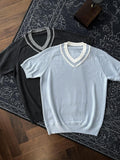Silk Finish Loose V-neck Unisex Casual Blue Black Gray Short Sleeve T-Shirts