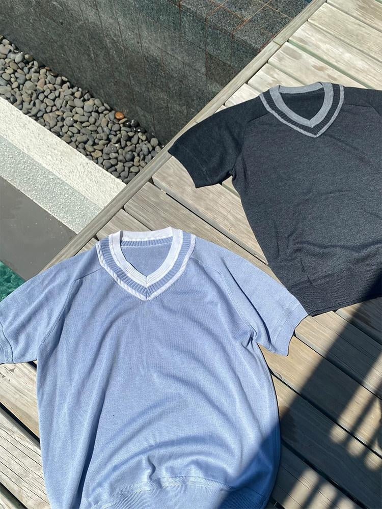 Silk Finish Loose V-neck Unisex Casual Blue Black Gray Short Sleeve T-Shirts
