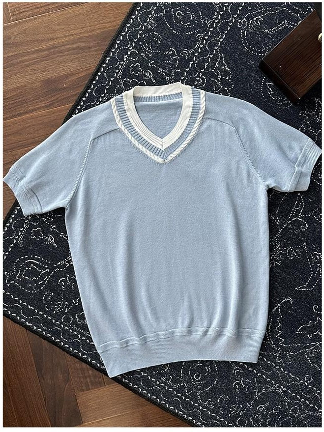 Silk Finish Loose V-neck Unisex Casual Blue Black Gray Short Sleeve T-Shirts