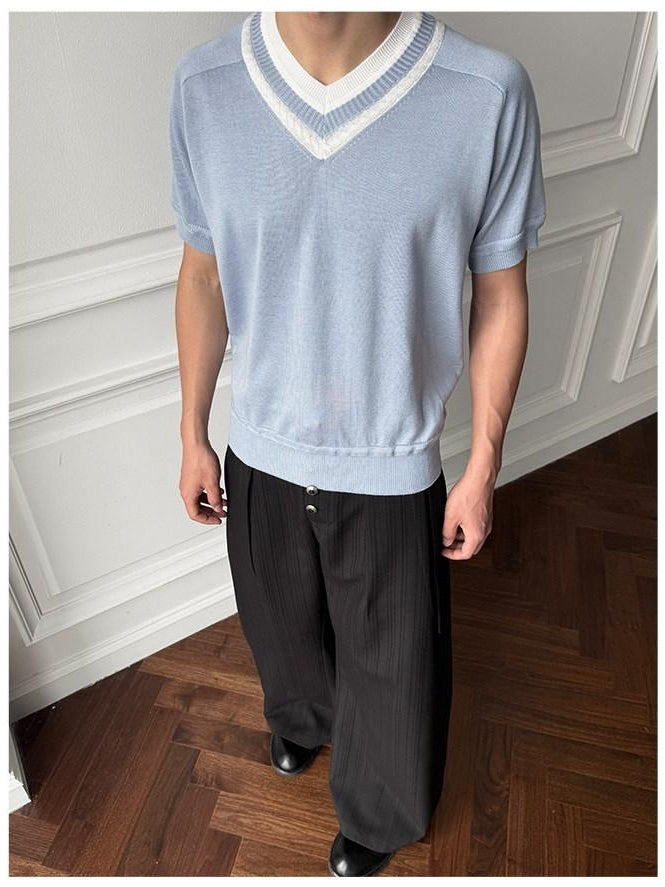 Silk Finish Loose V-neck Unisex Casual Blue Black Gray Short Sleeve T-Shirts