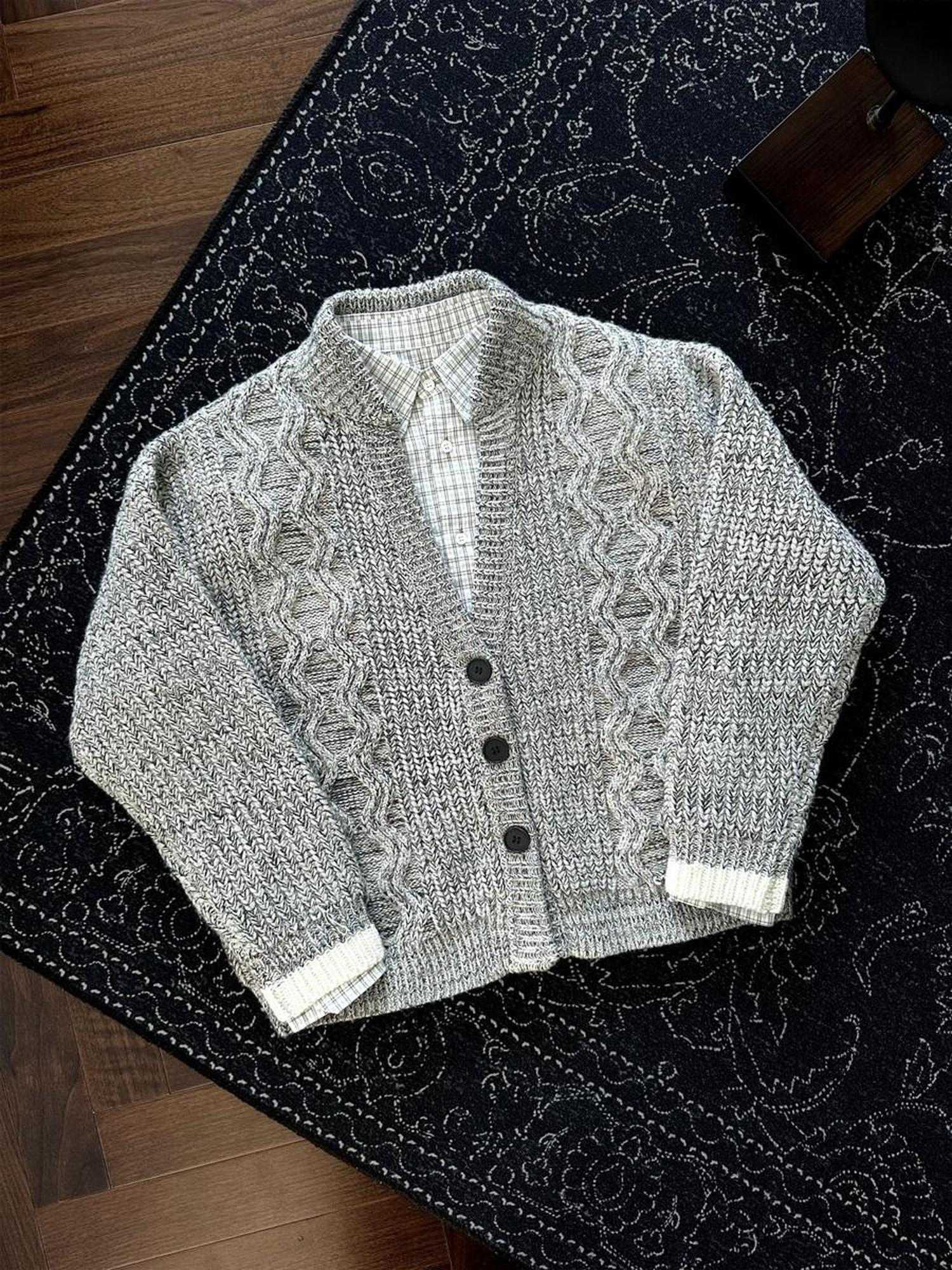 CATSSTAC Star Pattern Warm V-neck Casual Unisex Long Sleeve Grey Knit Cardigans