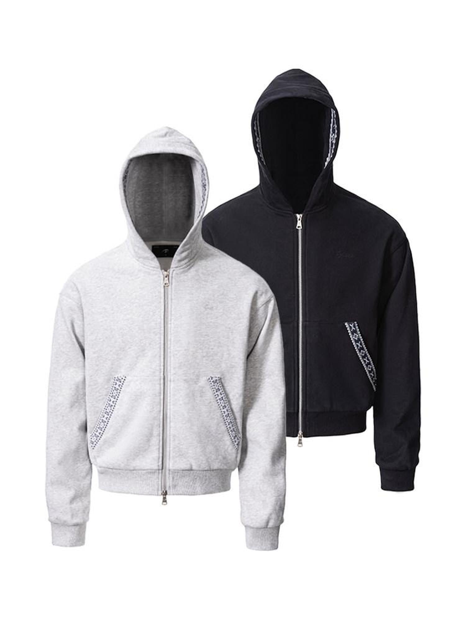 CATSSTAC Striped Zip Up Regular Fit Hooded Casual Unisex Everyday Black Gray Hoodie