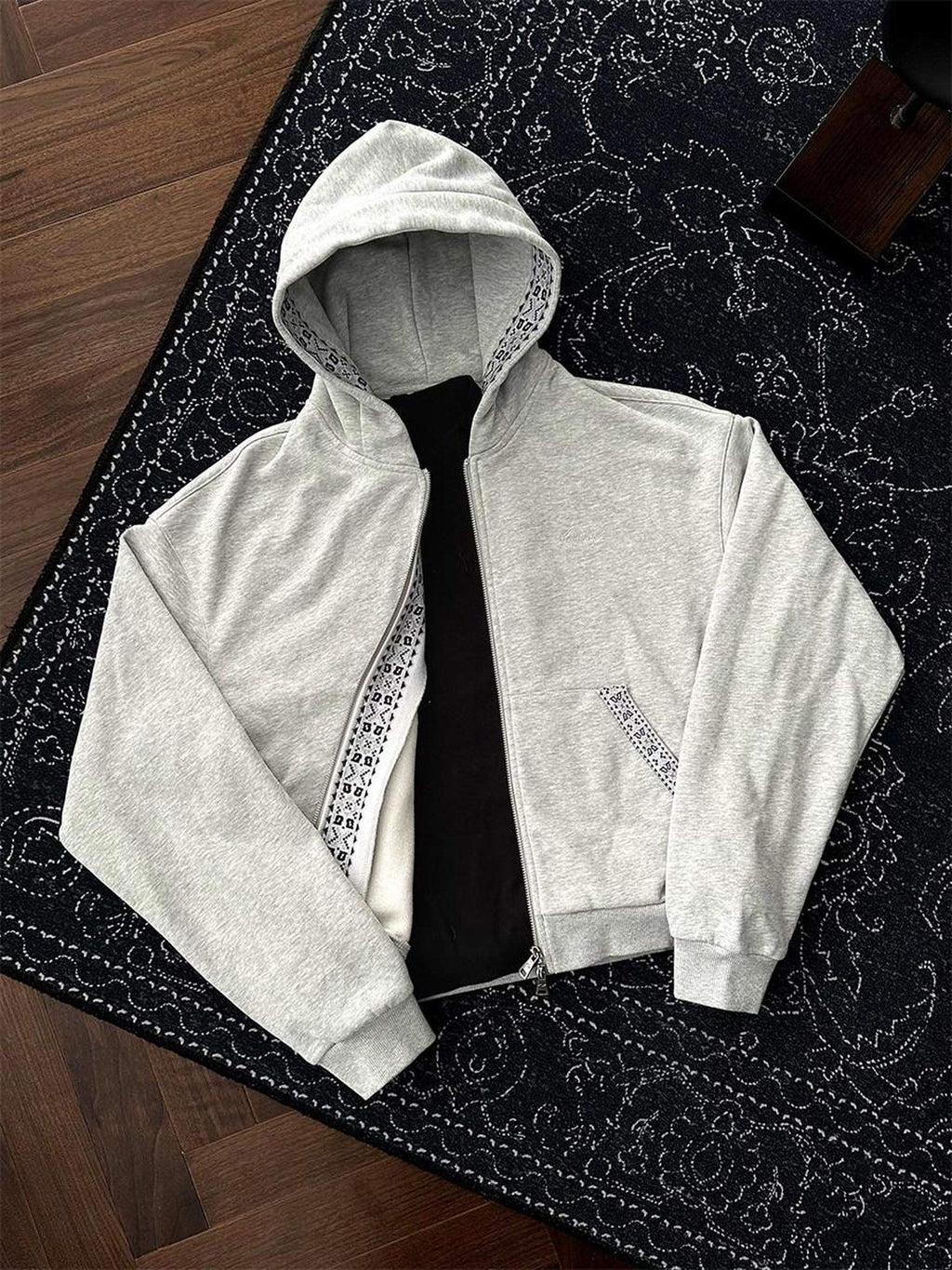 CATSSTAC Striped Zip Up Regular Fit Hooded Casual Unisex Everyday Black Gray Hoodie