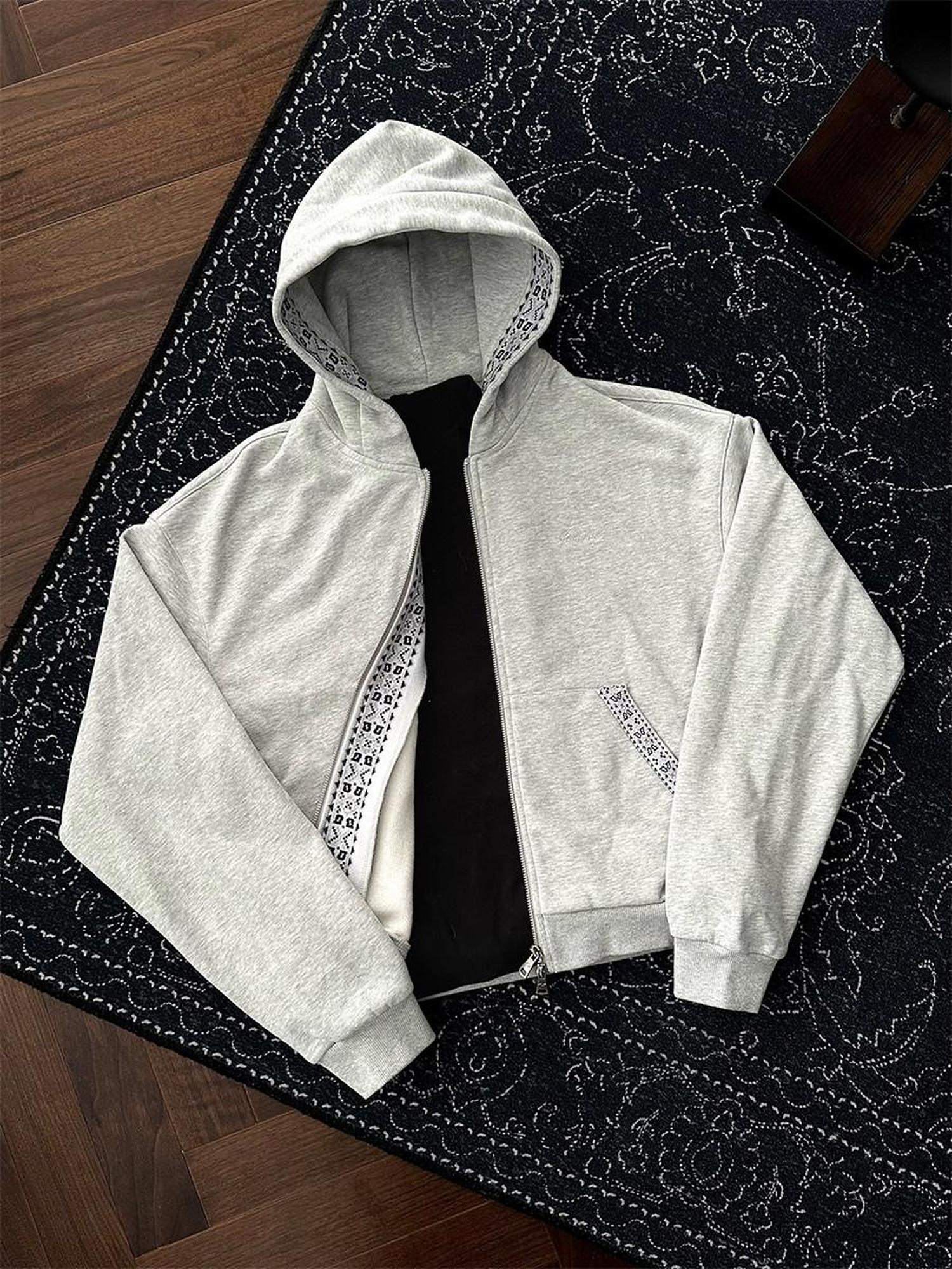 CATSSTAC Striped Zip Up Regular Fit Hooded Casual Unisex Everyday Black Gray Hoodie