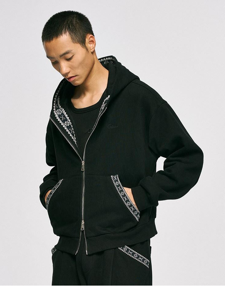 CATSSTAC Striped Zip Up Regular Fit Hooded Casual Unisex Everyday Black Gray Hoodie