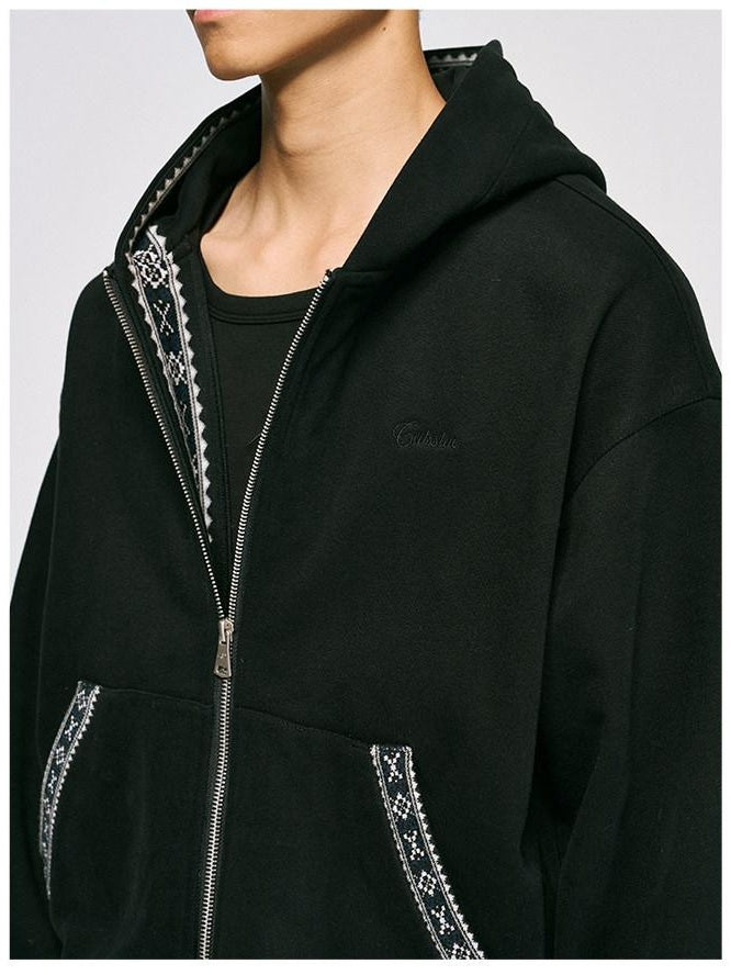 CATSSTAC Striped Zip Up Regular Fit Hooded Casual Unisex Everyday Black Gray Hoodie