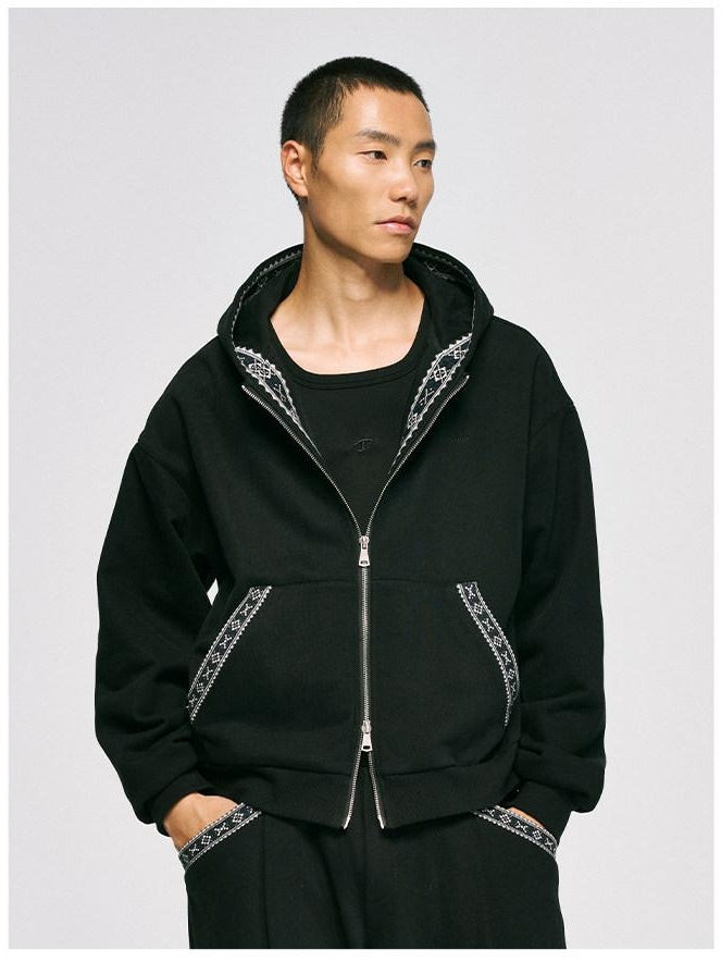 CATSSTAC Striped Zip Up Regular Fit Hooded Casual Unisex Everyday Black Gray Hoodie