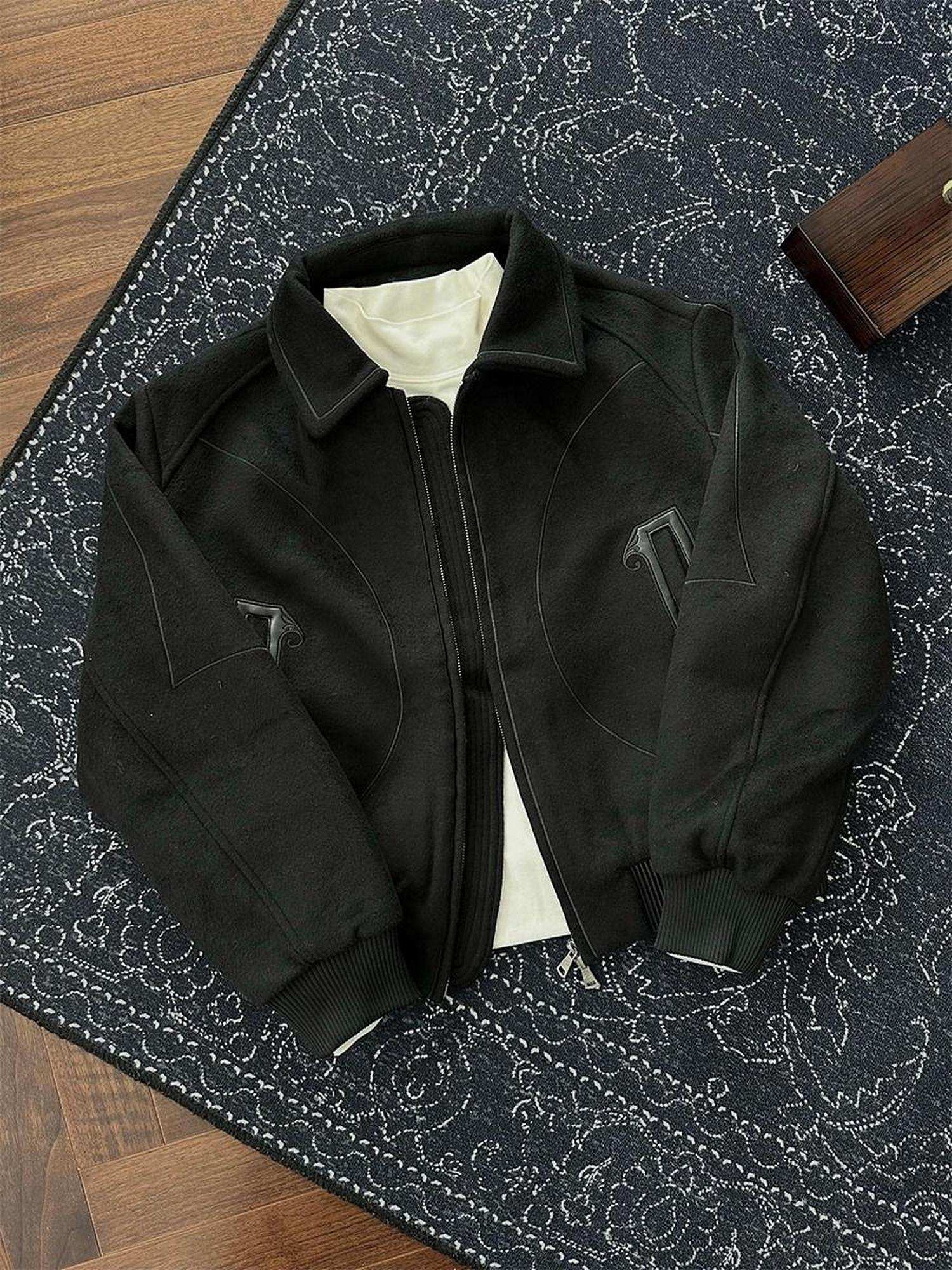 CATSSTAC Stylish Loose Fit Casual Zipper Turn Down Collar Men Black White Jackets