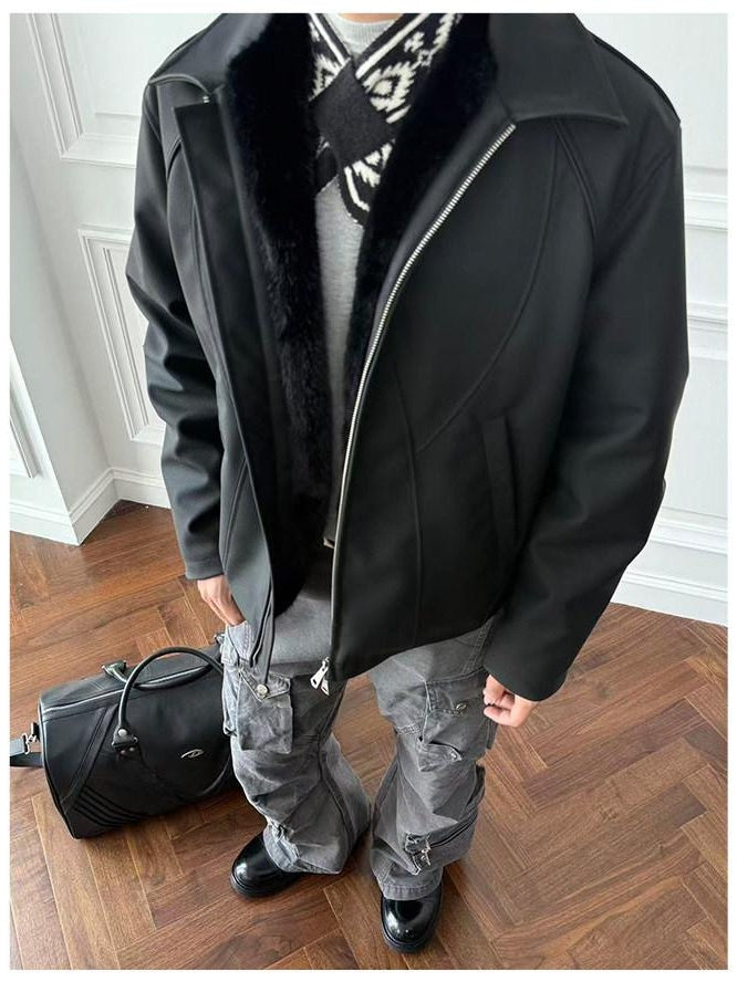 CATSSTAC Thick Mountain Embossed Casual Loose Fit Unisex Zip Lapel Leather Jackets
