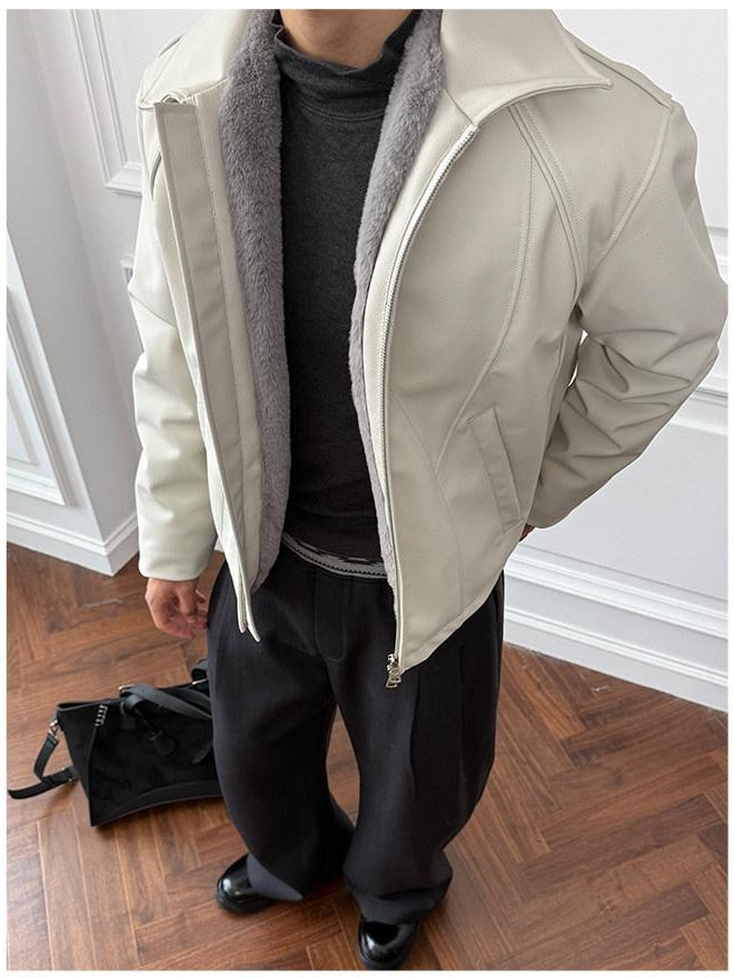 CATSSTAC Thick Mountain Embossed Casual Loose Fit Unisex Zip Lapel Leather Jackets