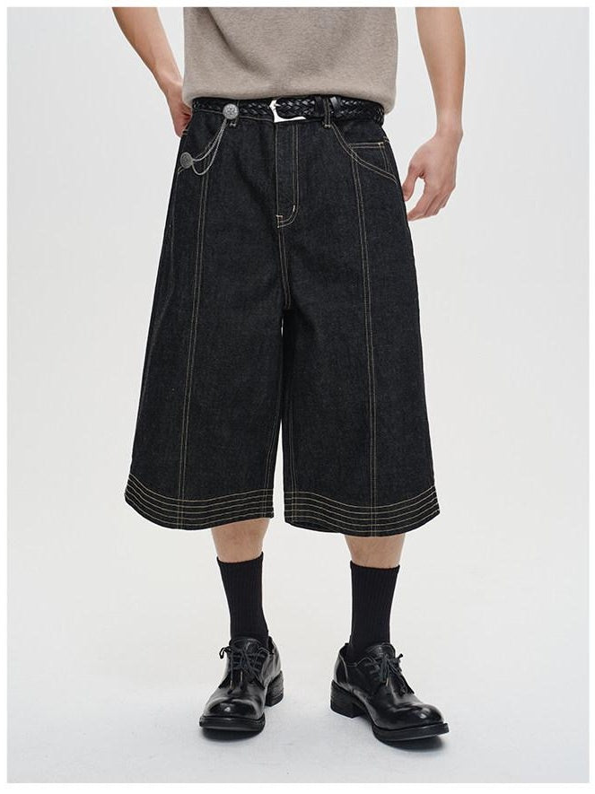 CATSSTAC Thick Non Stretch Mid Rise Capri Length Streetwear Youth Black Denim Shorts