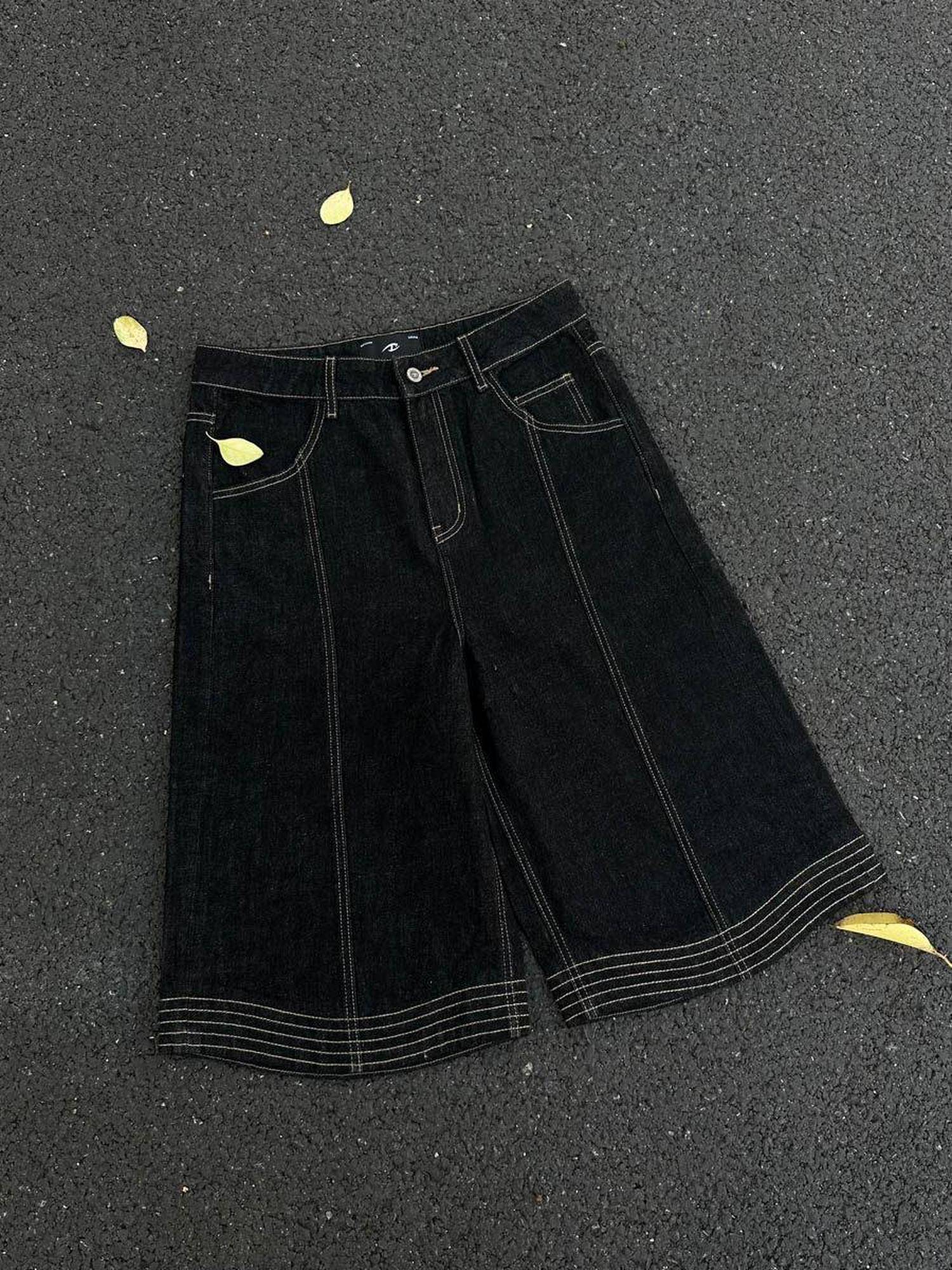 CATSSTAC Thick Non Stretch Mid Rise Capri Length Streetwear Youth Black Denim Shorts
