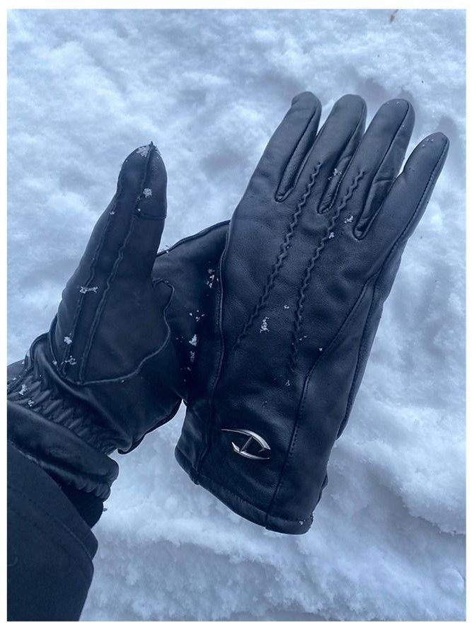 CATSSTAC Thick Sheepskin Leather Long Minimalist Black Driving Gloves