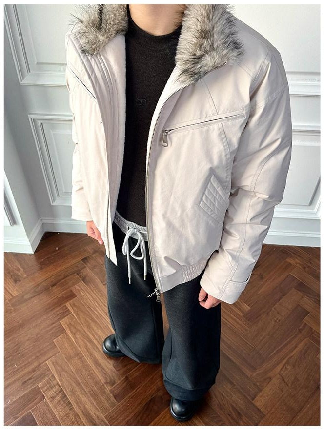 CATSSTAC Thick Warm Down Filled Loose Fit Lapel Collar Zipper Unisex Puffer Down Jackets
