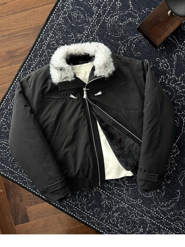 CATSSTAC Thick Warm Down Filled Loose Fit Lapel Collar Zipper Unisex Puffer Down Jackets