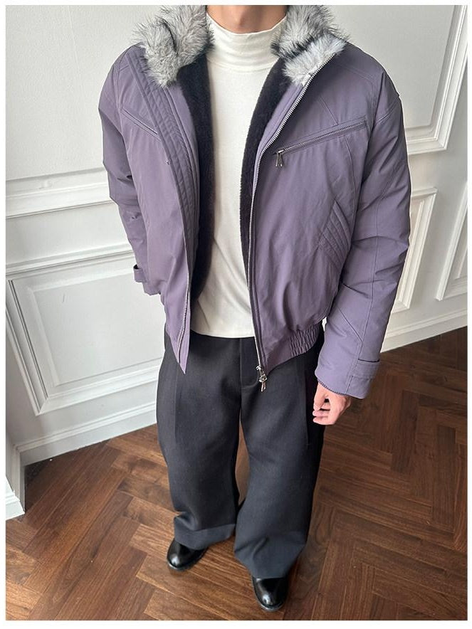 CATSSTAC Thick Warm Down Filled Loose Fit Lapel Collar Zipper Unisex Puffer Down Jackets