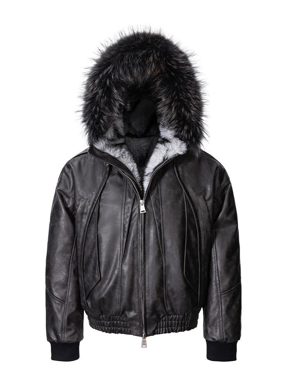 CATSSTAC Thick Warm Hooded Loose Fit Zipper Unisex Grey Embossed Leather Jackets