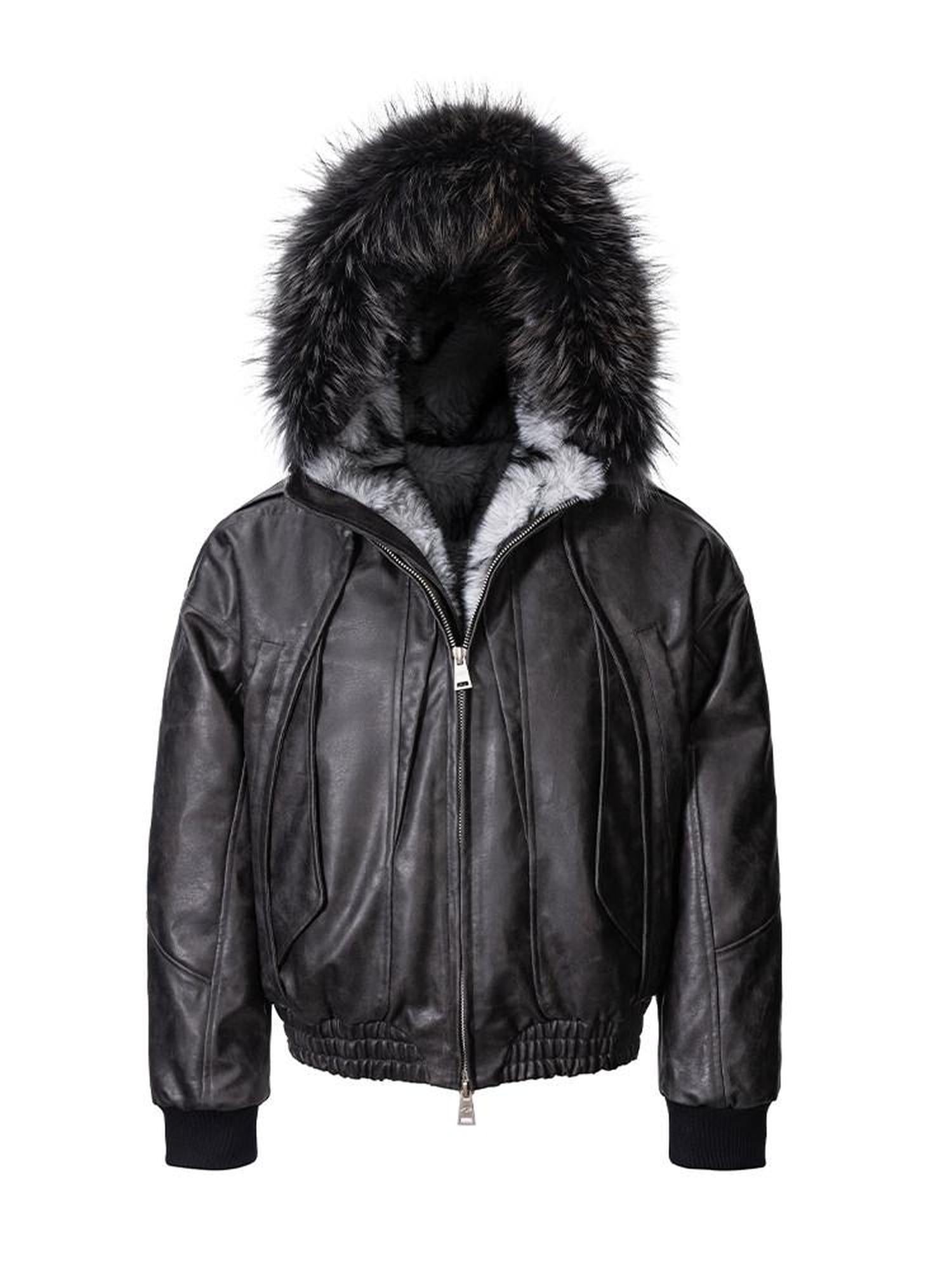 CATSSTAC Thick Warm Hooded Loose Fit Zipper Unisex Grey Embossed Leather Jackets