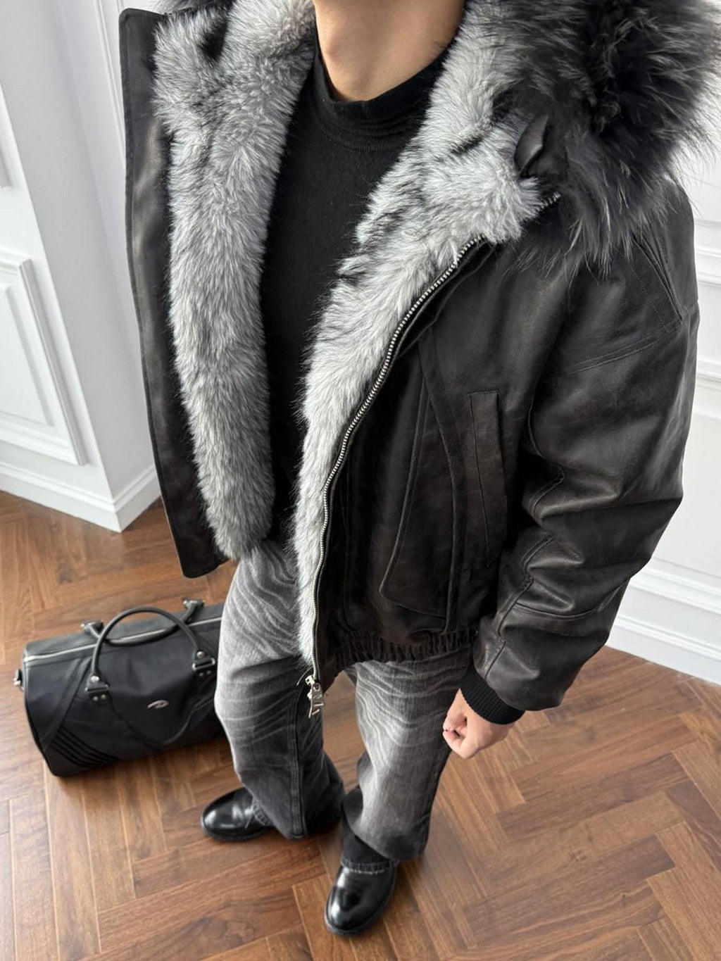 CATSSTAC Thick Warm Hooded Loose Fit Zipper Unisex Grey Embossed Leather Jackets