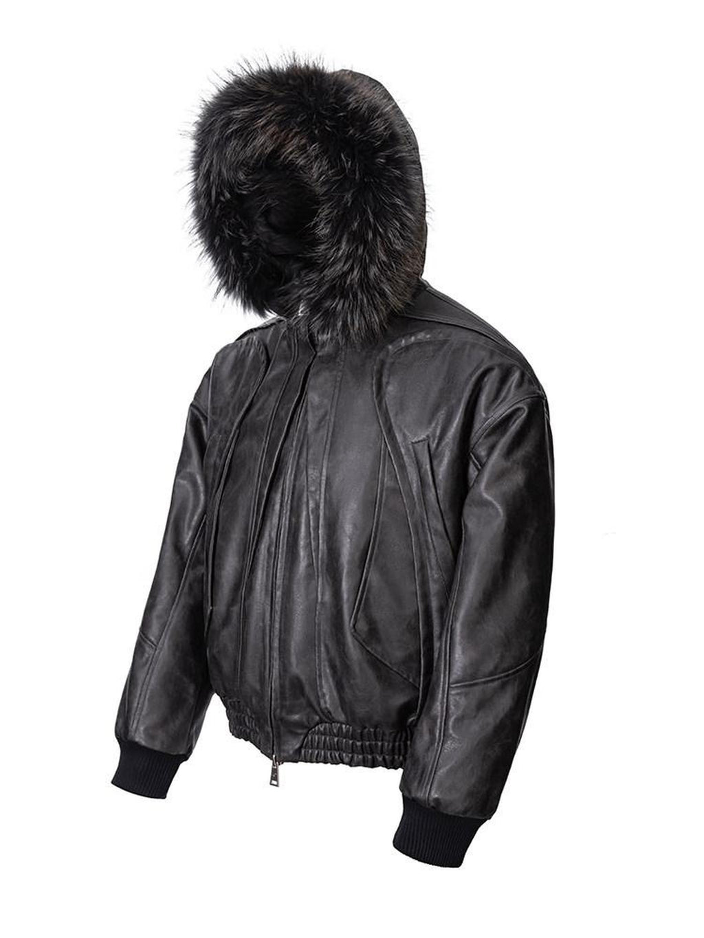 CATSSTAC Thick Warm Hooded Loose Fit Zipper Unisex Grey Embossed Leather Jackets
