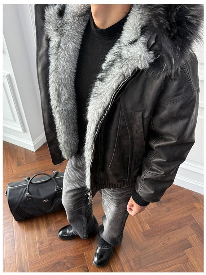 CATSSTAC Thick Warm Hooded Loose Fit Zipper Unisex Grey Embossed Leather Jackets