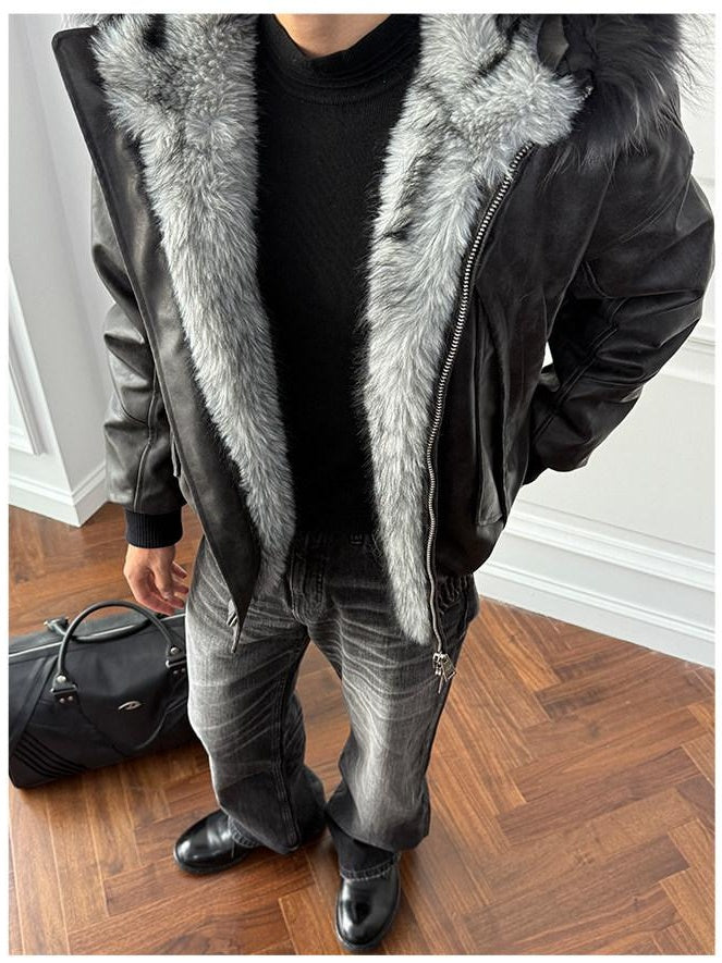CATSSTAC Thick Warm Hooded Loose Fit Zipper Unisex Grey Embossed Leather Jackets