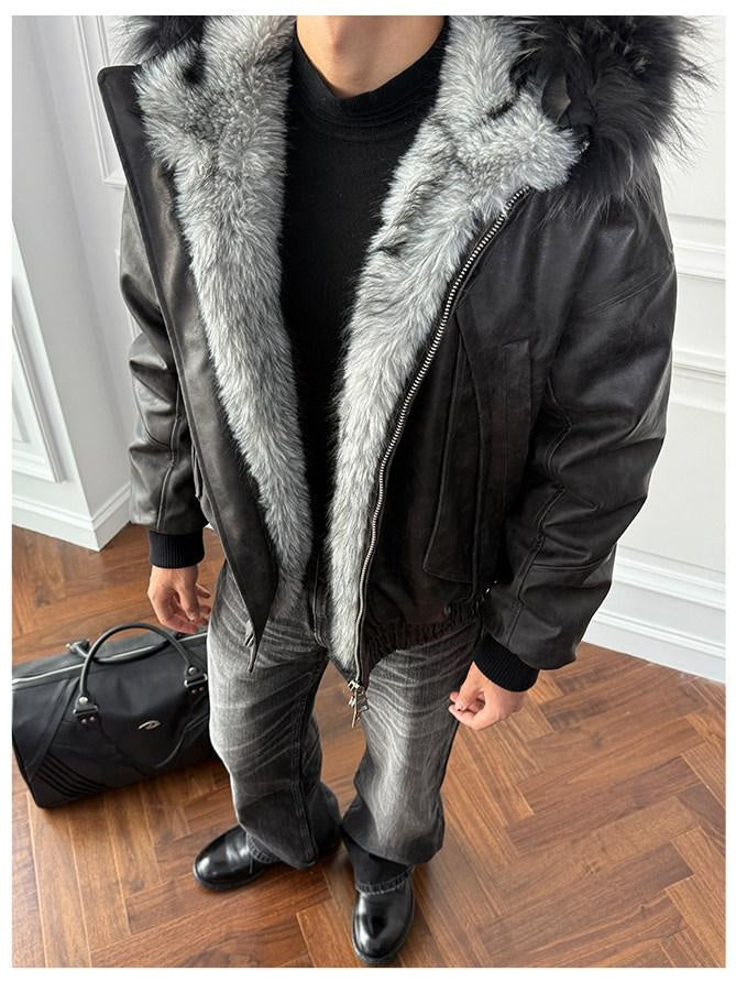 CATSSTAC Thick Warm Hooded Loose Fit Zipper Unisex Grey Embossed Leather Jackets