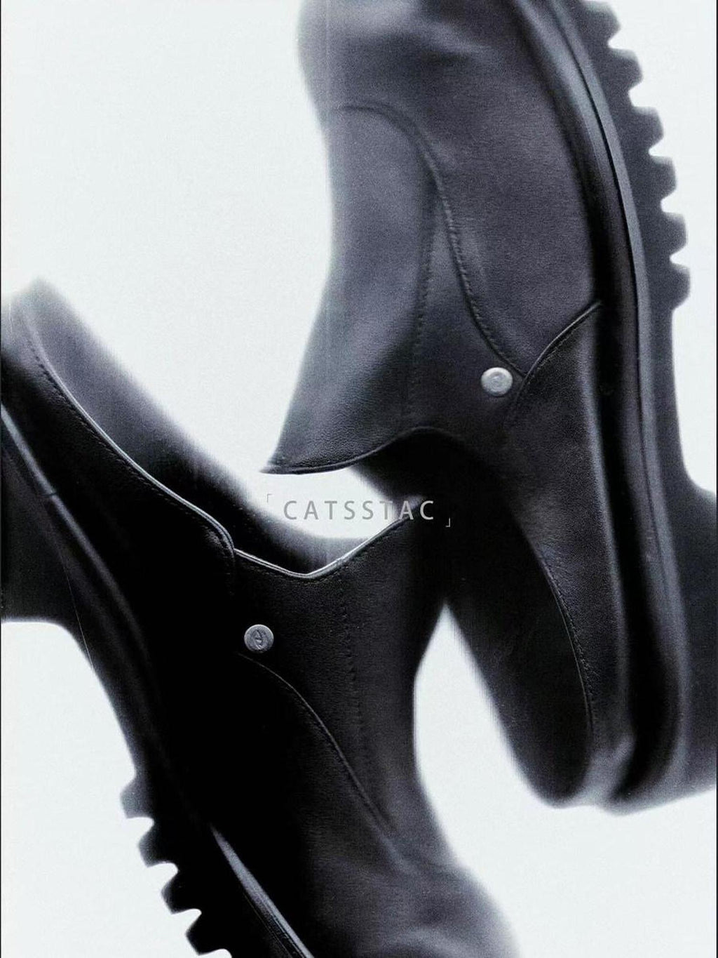 CATSSTAC Top Grain Leather Platform Minimalist Youth Trend Everyday Black Eva Slides
