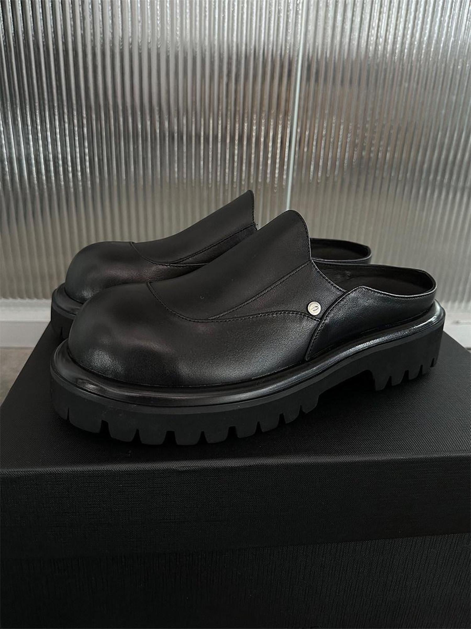 CATSSTAC Top Grain Leather Platform Minimalist Youth Trend Everyday Black Eva Slides