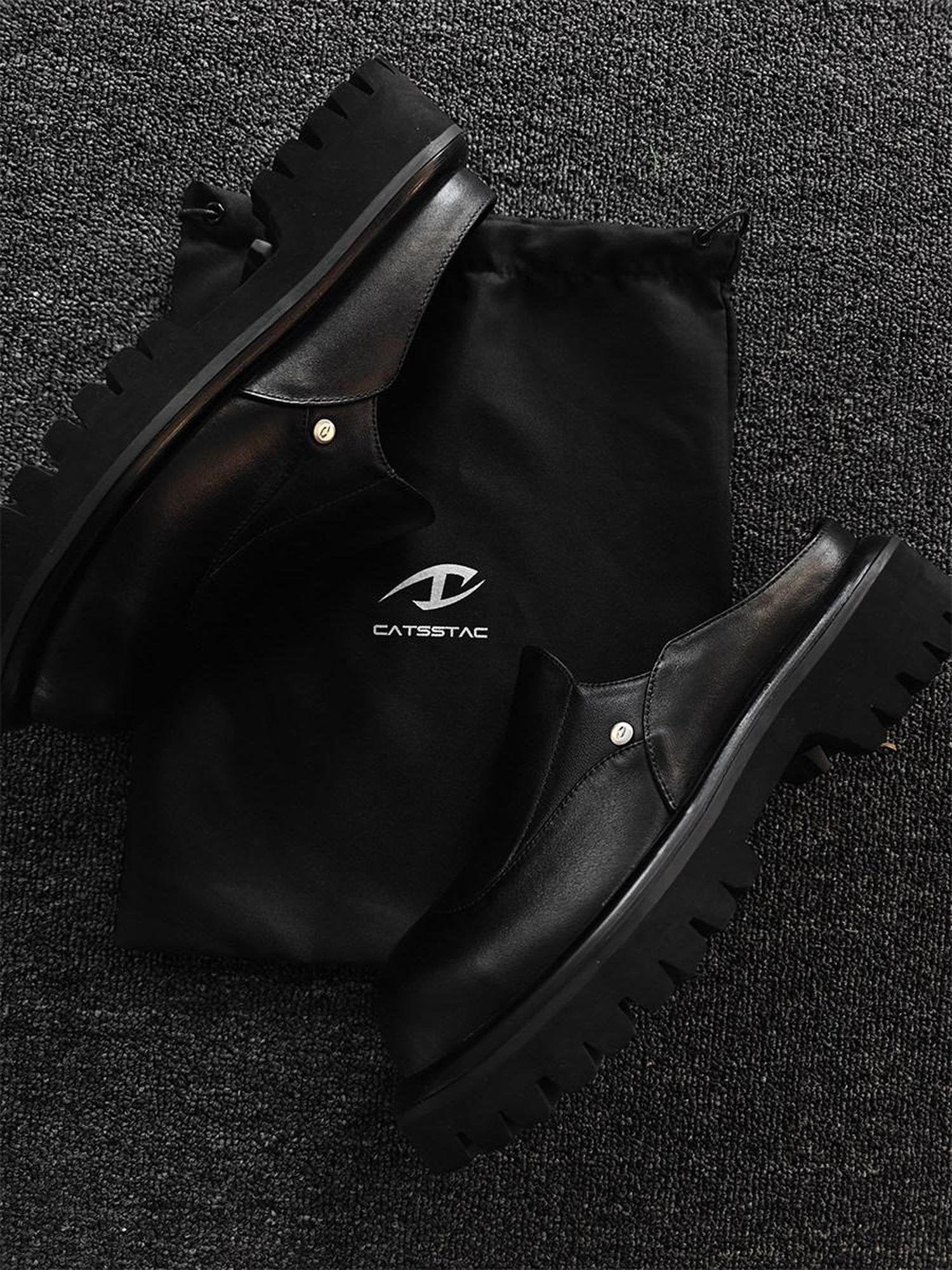 CATSSTAC Top Grain Leather Platform Minimalist Youth Trend Everyday Black Eva Slides
