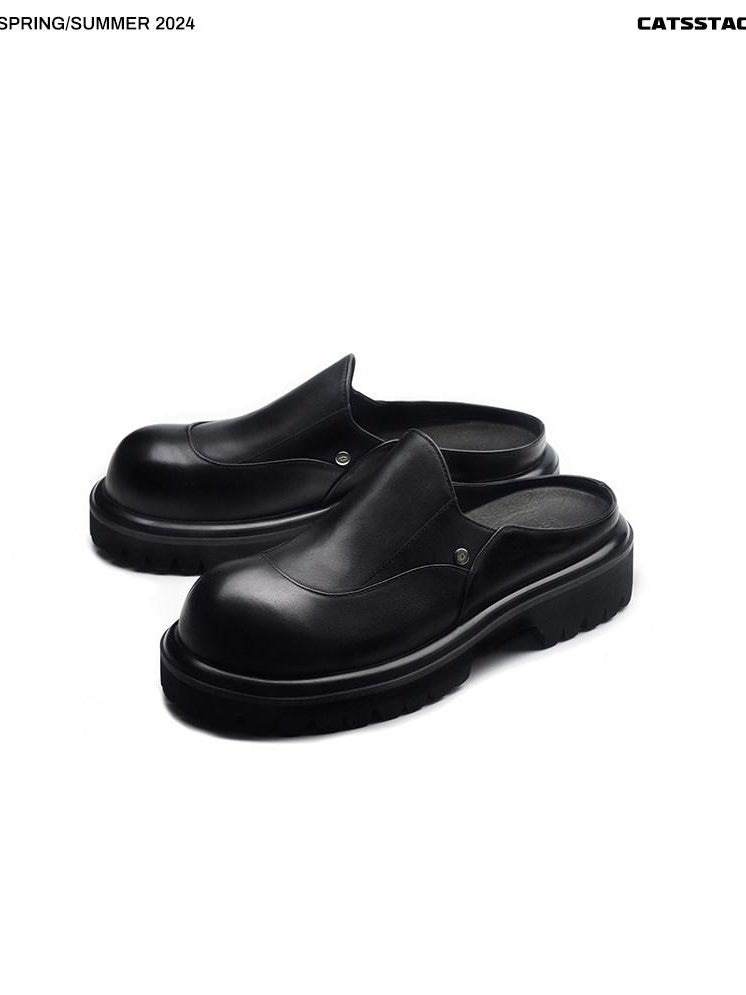 CATSSTAC Top Grain Leather Platform Minimalist Youth Trend Everyday Black Eva Slides