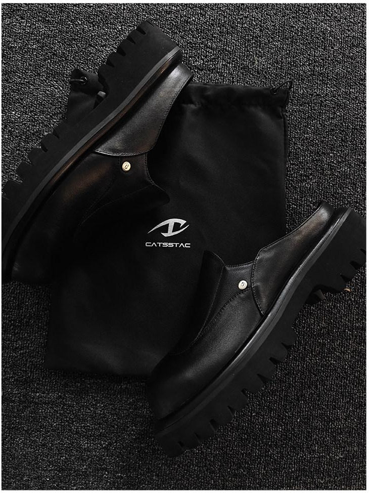 CATSSTAC Top Grain Leather Platform Minimalist Youth Trend Everyday Black Eva Slides